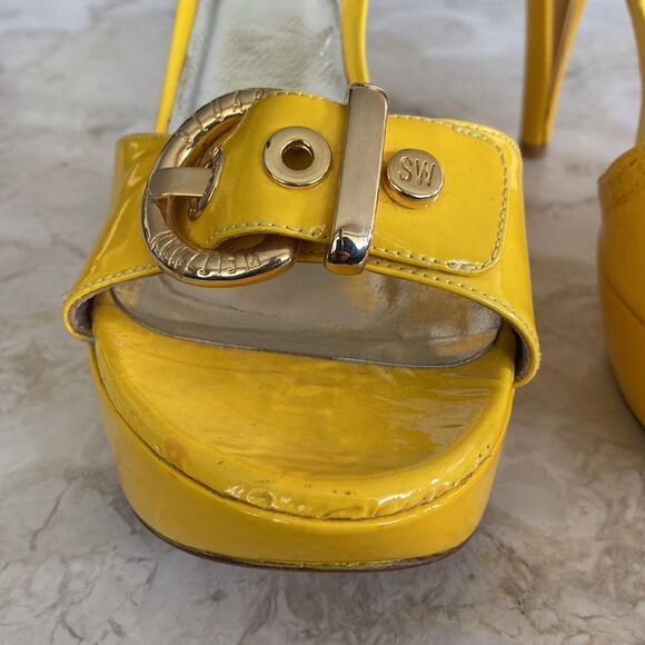 Stuart Weitzman Miss Jane Yellow Patent Leather Platform High Heel Sandals - Picture 4 of 14